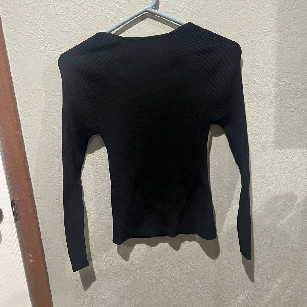 White House Black Market Black Ribbed Blouse Buckle Detail Size Small EUC Y2K - Picture 4 of 4